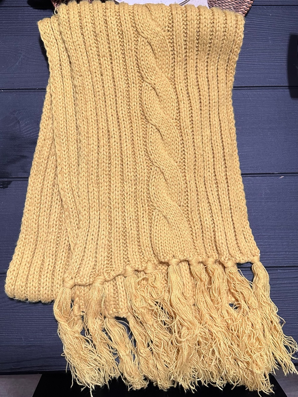 Women’s Mustard Cable Knit Fringe Sweater Scarf